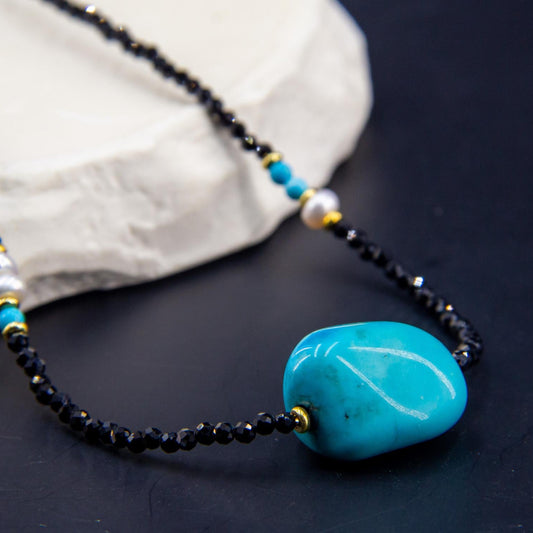 Natural Freeform Turquoise Black Spinel Pearl Necklace